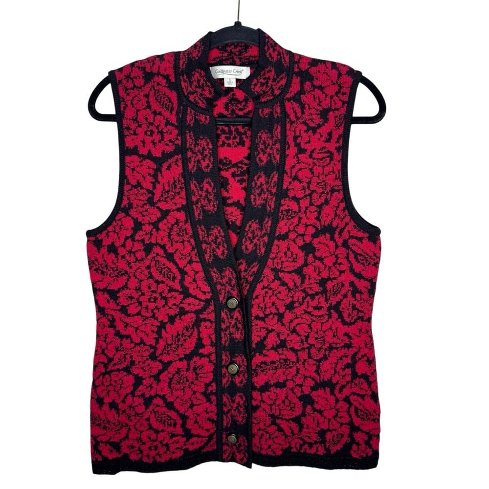 COLDWATER CREEK / red black floral 100% wool v-neck button up sweater vest / S